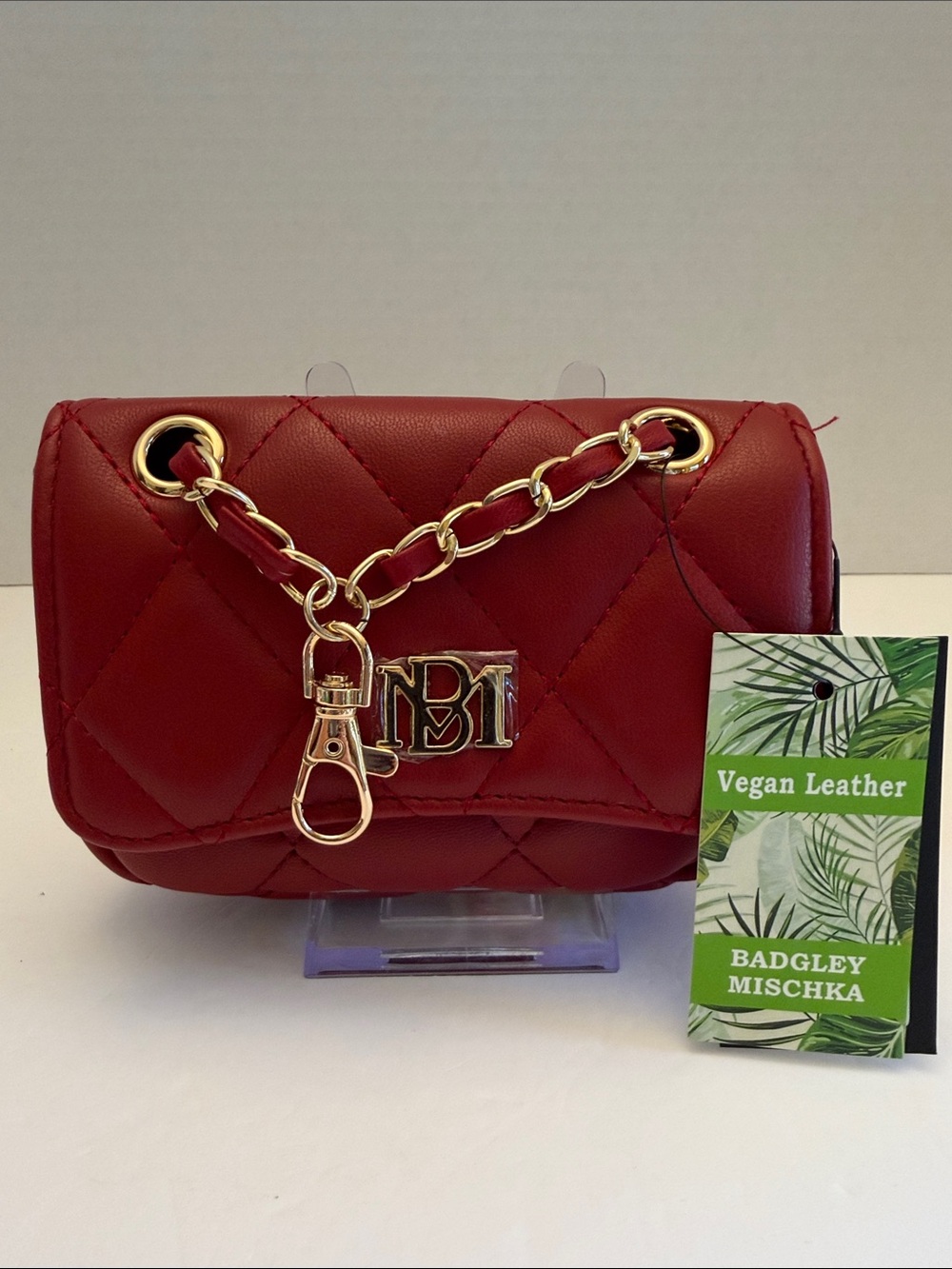 Badgley Mischka Red Quilted Mini Crossbody with Gold Chain